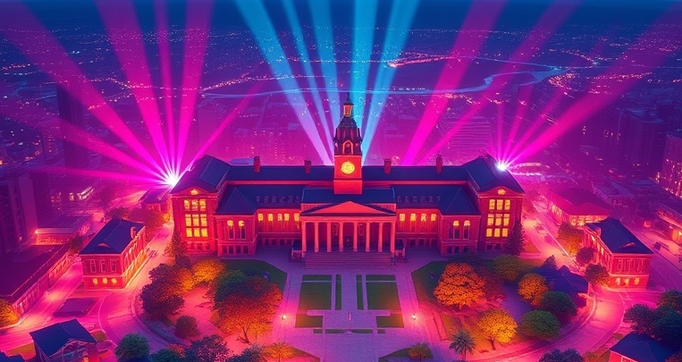 large library building with spotlights shining out of the roof