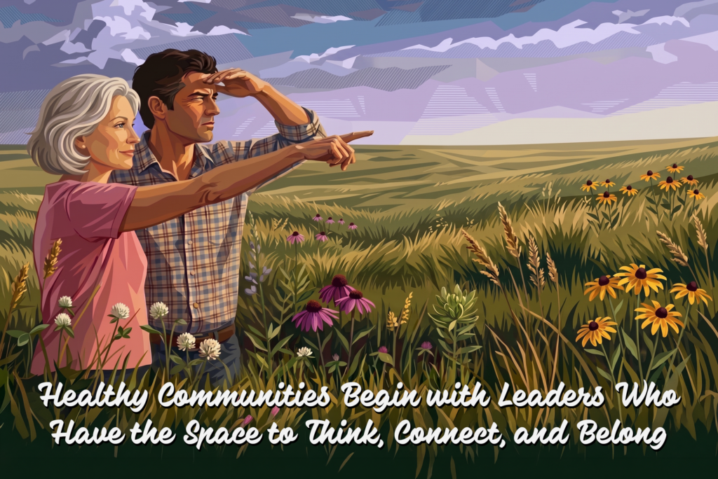 A man and woman look across native prairie lands